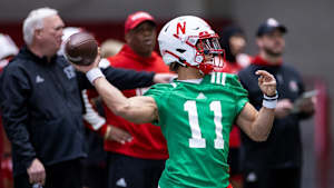 Casey Thompson makes a throw during Monday's practice. Go here for a full gallery at Huskers.com.